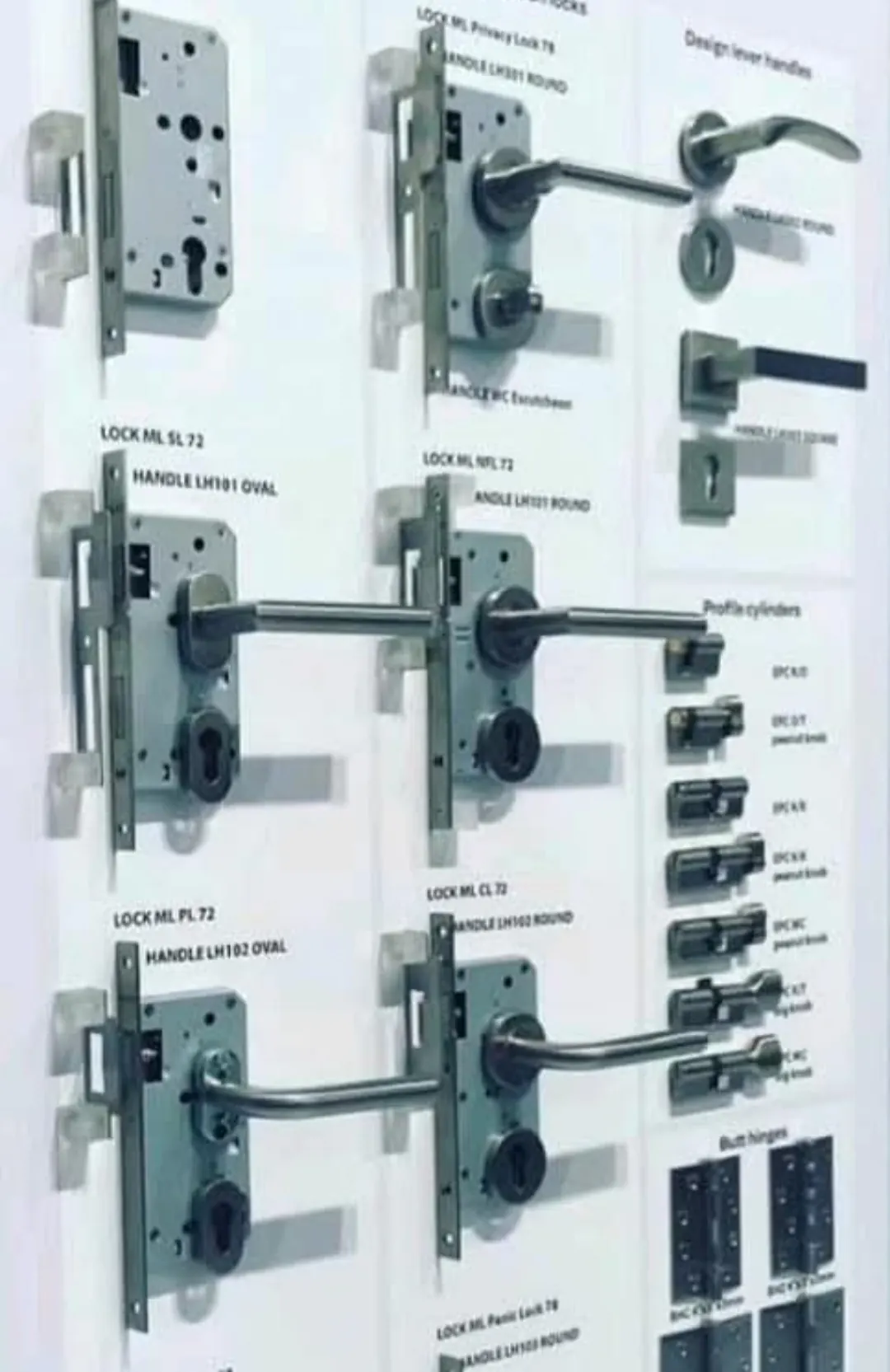 Panel de muestras con cerraduras embutidas, manillas de diseño y cilindros de perfil europeo etiquetados por modelo.